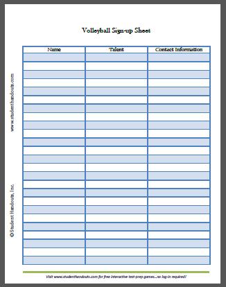 Free Printable Volleyball Sign-up Sheet