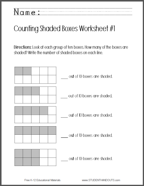 Counting Shaded Boxes to Ten Worksheets - Free to print (PDF files) for kindergarten Mathematics students.