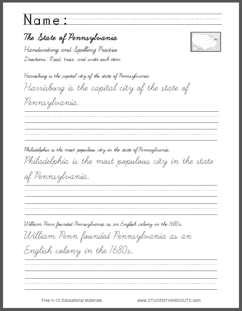 Pennsylvania Sentences Writing Practice - PDF is free to print in cursive script or print manuscript.