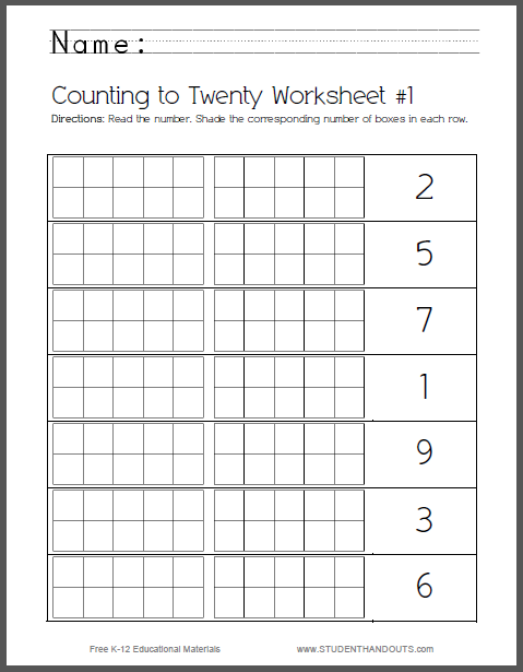Set of 8 Counting-to-Twenty Worksheets for Kids - Free to print (PDF files) for kindergarten students.