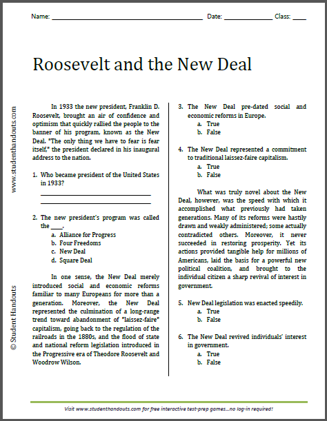 Roosevelt and the New Deal - Free printable reading with questions (PDF file) for high school United States History students.