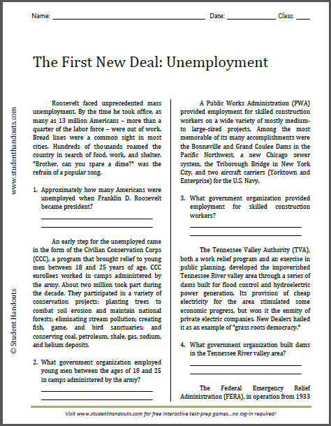 The First New Deal: Unemployment - Free printable reading with questions for high school American History students.