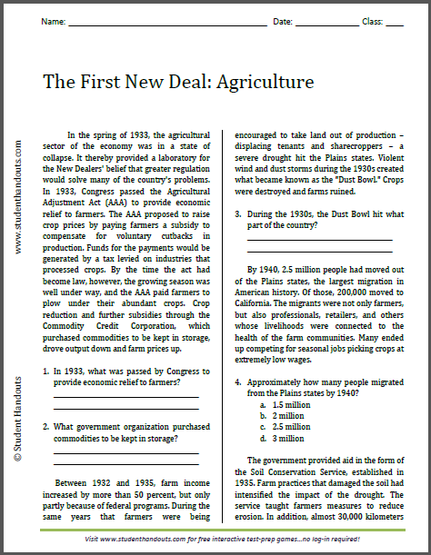 First New Deal: Agriculture - Reading with questions is free to print (PDF file).