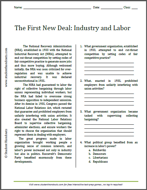 First New Deal: Industry and Labor - Free printable reading with questions (PDF file).