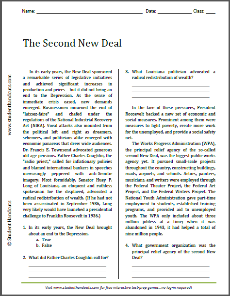 The Second New Deal - Free printable reading with questions (PDF file) for high school United States History classes.