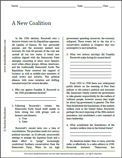 A New Coalition - Free printable reading with questions (PDF file) for high school United States History classes.