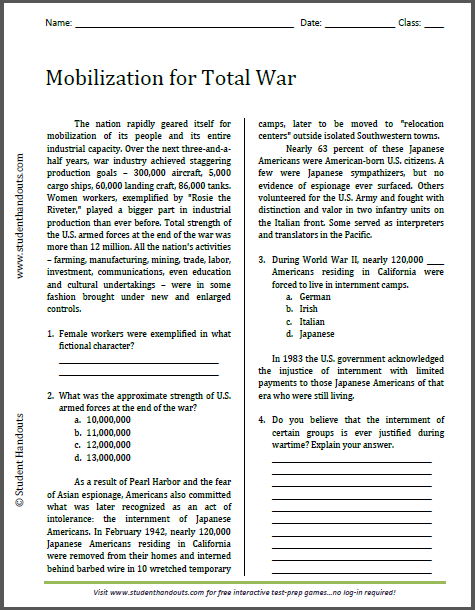 Mobilization for Total War - Free printable reading with questions for high school U.S. History classes.
