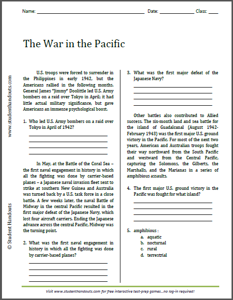 The War in the Pacific - Free printable reading with questions (PDF file) for high school United States History students.