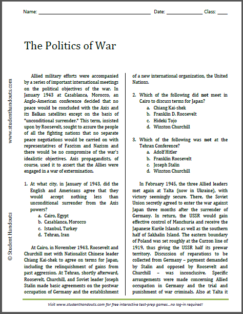 The Politics of War - Free printable reading with questions (PDF file) for U.S. History classes.