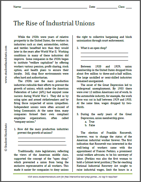 The Rise of Industrial Unions - Reading with questions. Free to print (PDF file) for high school United States History students.