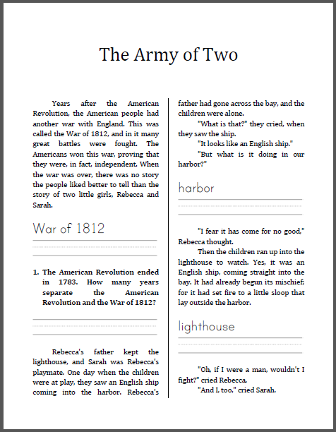 Army of Two: The War of 1812 - History Workbook for Lower Elementary - Free to print (PDF file).