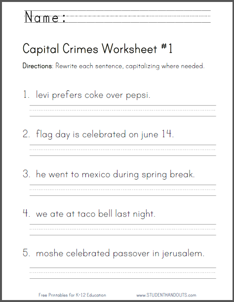 Capital Crimes Grammar Worksheets - Free to print (PDF files). CCSS.ELA-LITERACY.L.2.2.A 