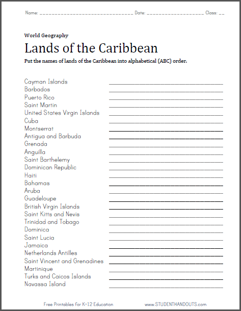 Caribbean Lands in ABC Order - Free printable worksheet (PDF file).