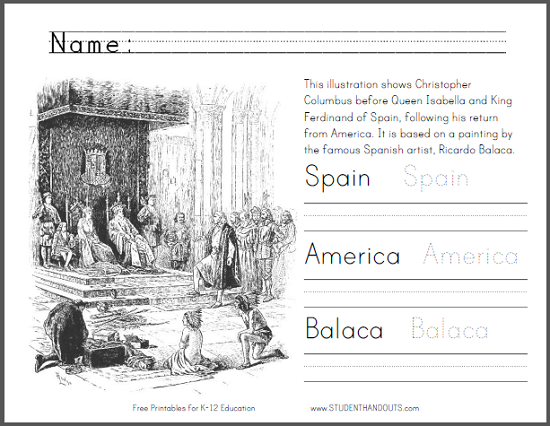 Columbus by Ricardo Balaca Coloring Sheet - Free to print (PDF file). Includes handwriting and spelling practice.
