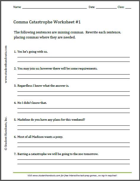 Comma Catastrophe Worksheets - Free to print (PDF files).
