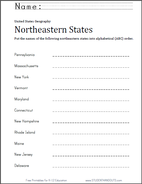 Northeastern States ABC Order Worksheet - Free to print (PDF file).