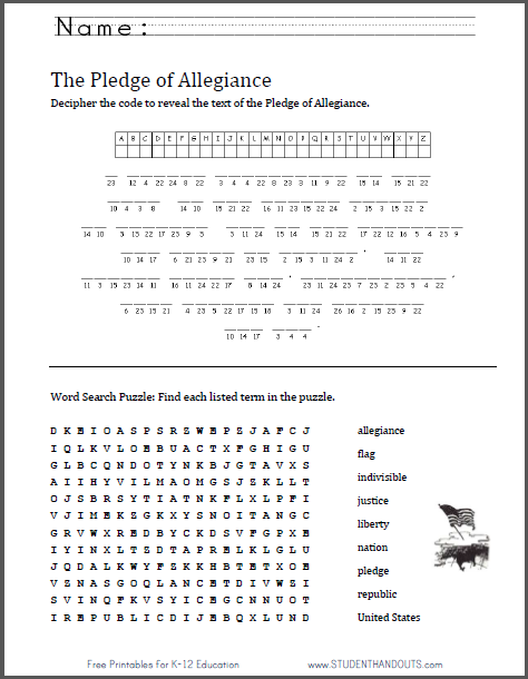 Pledge of Allegiance Puzzles Worksheet - Free to print (PDF file).