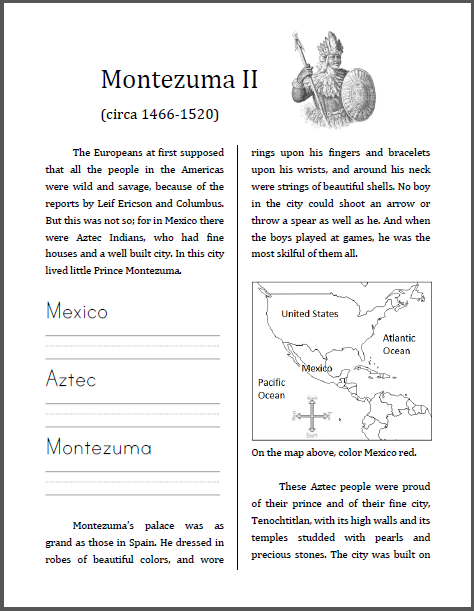Montezuma II (1466-1520) Workbook for Kids - Free to print (PDF file).