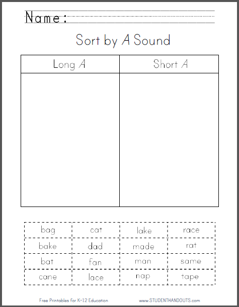 Sort by "A" Sound Worksheet - Free to print (PDF file) for students in the primary grades.