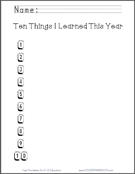 Ten Things I Learned this Year - Free to print (PDF file) for elementary school ELA: English Language Arts students.