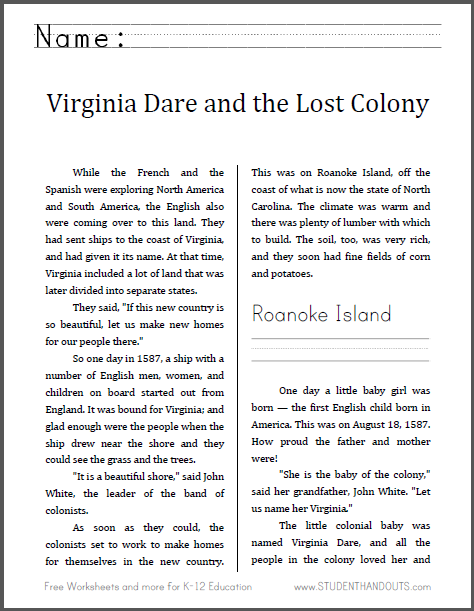 Virginia Dare and the Lost Colony - Free printable workbook for lower elementary.