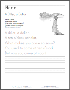 "A Diller, a Dollar" nursery rhyme worksheets. Free to print (PDF files).