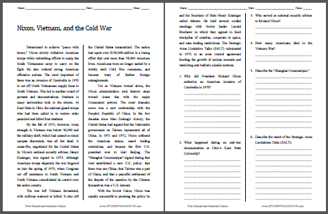 Nixon, Vietnam, and the Cold War - Free printable reading with questions (PDF file).