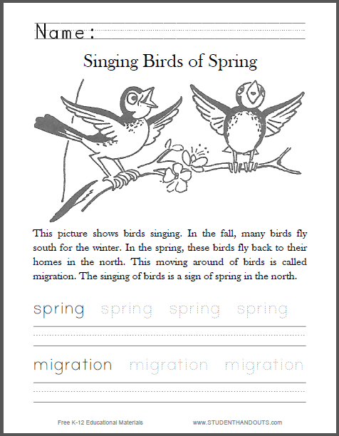 Singing Birds of Spring Worksheet - Free to print (PDF file) for primary school students.