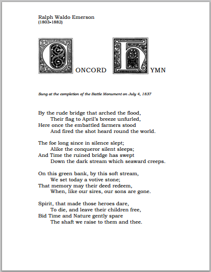 "Concord Hymn" by Ralph Waldo Emerson (1803-1882)