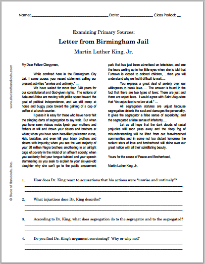 MLK's Letter from Birmingham Jail - DBQ worksheet is free to print (PDF file). For high school United States History students.