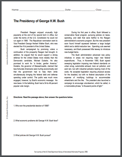 The Presidency of George H.W. Bush - Free printable reading with questions for high school United States History students.