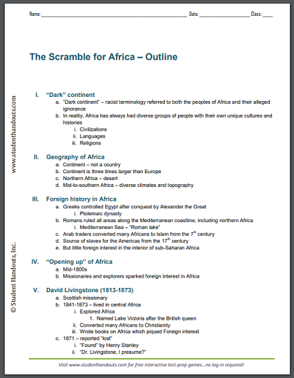 Scramble for Africa - Free printable 5-page outline for high school World History students. #imperialism