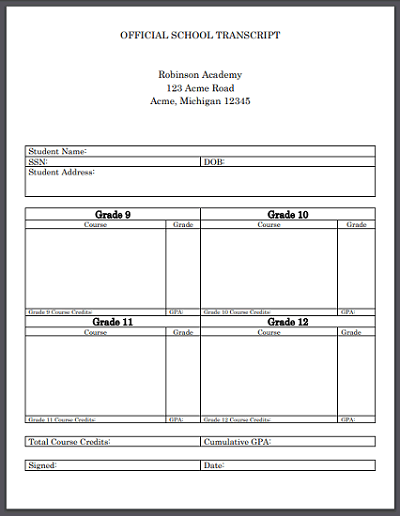Official High School Transcript Template for Homeschool - Word or PDF
