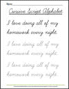 Cursive Handwriting Practice Worksheet: "I love doing all of my homework every night."
