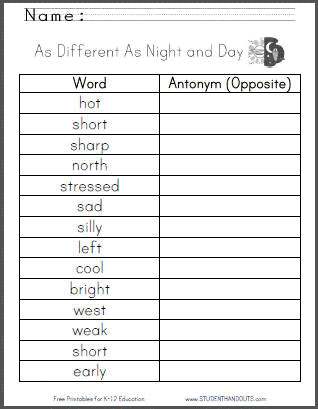 As Different As Night and Day Antonyms Worksheet