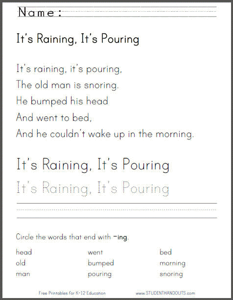 It's Raining, It's Pouring - Free Printable Nursery Rhyme Worksheet