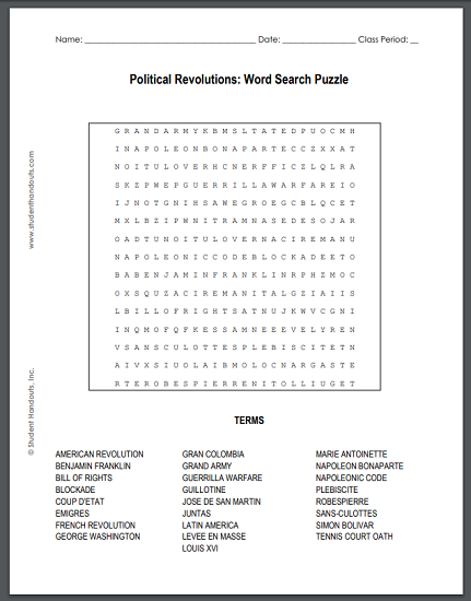 Global Political Revolutions Word Search Puzzle - Free to print (PDF file) for junior and senior high school World History students.