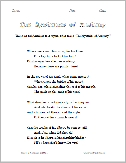 The Mysteries of Anatomy - Printable Poem for Kids