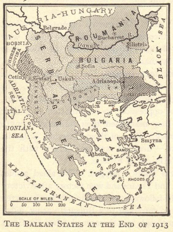 Map of the Balkan states at the end of 1913.  Europe.