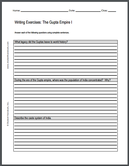 Gupta Empire Writing Exercises Sheet #1 - Free to print (PDF file).
