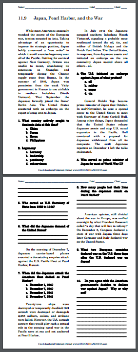 Japan, Pearl Harbor, and the War - Free printable reading with questions (PDF file) for high school American History students.