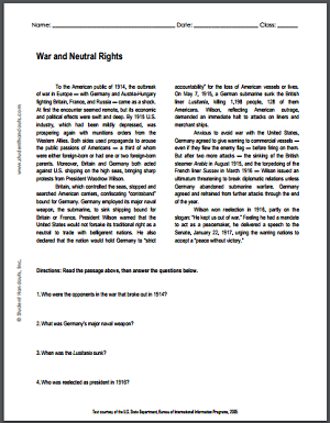 War and Neutral Rights - Reading with questions is free to print (PDF file) for high school American History classes.