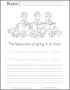 The boys are singing in a choir. Coloring Page for Kids with Handwriting Practice
