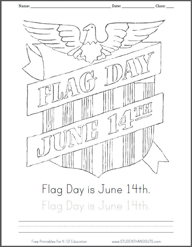 Flag Day is June 14th. Coloring page with handwriting practice.