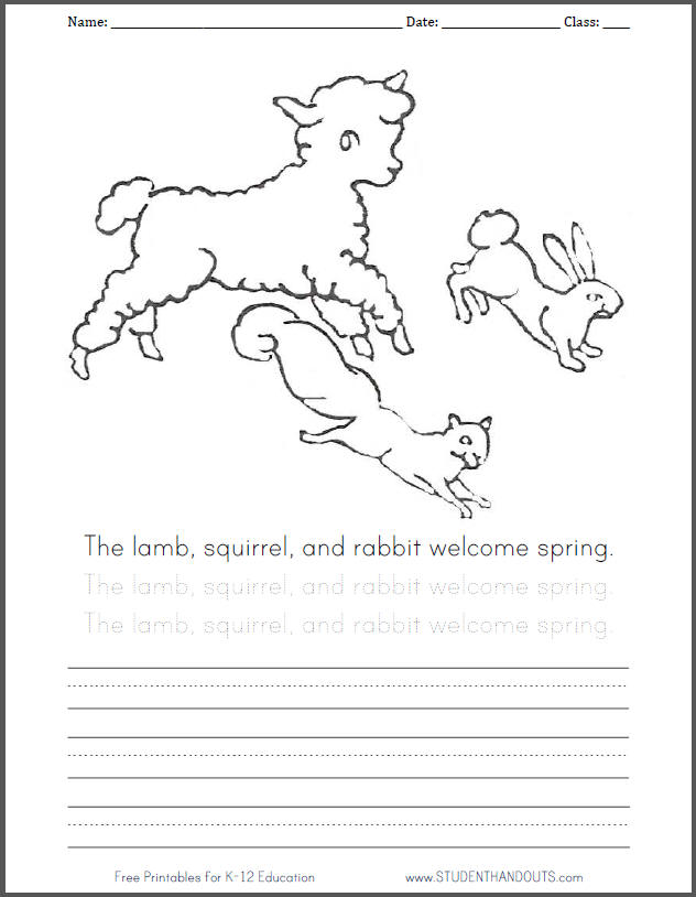 Lamb, squirrel, and rabbit coloring page with handwriting practice.