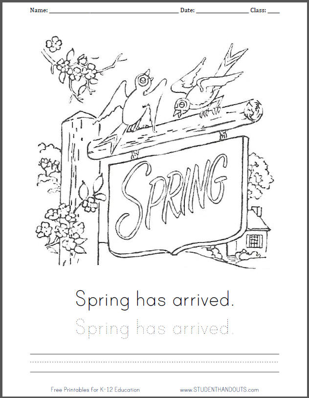 Spring is here coloring page with handwriting practice