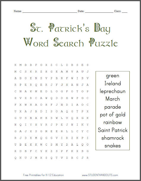St. Patrick's Day Word Search Puzzle for Grades 1-4