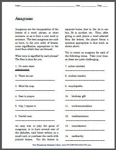 Anagrams Game Instructions Worksheet with Puzzles - Free to print (PDF file).