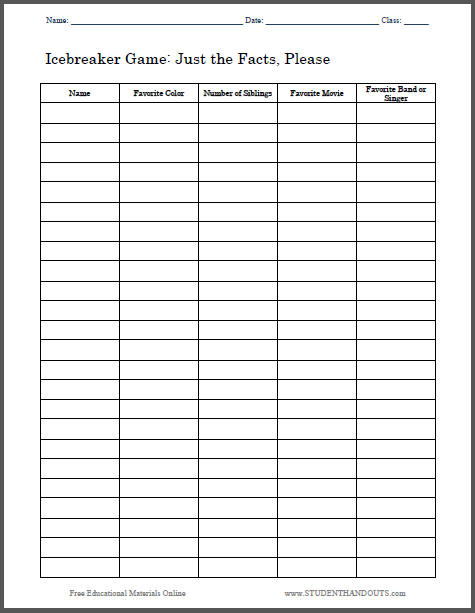 Icebreaker activity - survey chart printable sheet for classroom students. Free to print (PDF file).
