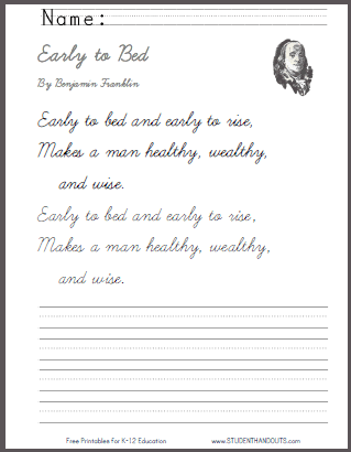 "Early to bed, early to rise" Benjamin Franklin Proverb Worksheets - Free to Print (PDF Files)